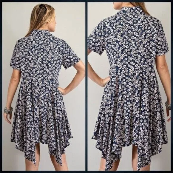 EASEL Lightweight Short Sleeved Collared Button Front Shark Bite Hem Shirt Dress - Picture 4 of 14